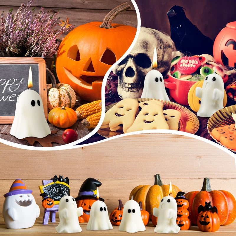 Minatee 4 Pieces Large Halloween Ghost Candles Cute Spooky Fall Decor Burning White Scented Wax Candles Gifts for Boo Basket Stuffers Halloween Room Table Indoor Decorations  2 Style - Image 3